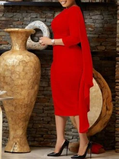 Women‘s Plus Size Curve Work Dress Bodycon Sheath Dress Solid Color Midi Dress Long Sleeve Crew Neck Fashion Outdoor White Red Fall Spring L XL XXL 3XL -HAYz Clothing Shop pqvqmo1676871090369