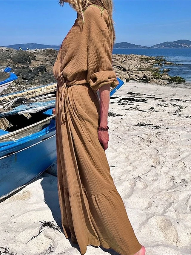 Women's Casual Dress Cotton Linen Dress Wrap Dress Maxi Long Dress Polyester Fashion Classic Outdoor Daily Holiday V Neck Ruffle Cut Out Long Sleeve Summer Spring Fall 2023 Loose Fit Brown Green Rose 8 Women's Casual Dress Cotton Linen Dress Wrap Dress Maxi Long Dress Polyester Fashion Classic Outdoor Daily Holiday V Neck Ruffle Cut Out Long Sleeve Summer Spring Fall 2023 Loose Fit Brown Green Rose - Image 8