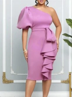 Women‘s Plus Size Curve Party Dress Solid Color One Shoulder Ruffle Short Sleeve Spring Fall Prom Dress Midi Dress Casual Daily Dress -HAYz Clothing Shop prslqy1657187569878