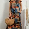 Women's Casual Dress Cotton Linen Dress Swing Dress Midi Dress Linen / Cotton Blend Fashion Ethnic Style Outdoor Daily Holiday Crew Neck Pocket Print Short Sleeve Summer Spring 2023 Loose Fit Black
