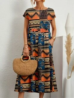 Women's Casual Dress Cotton Linen Dress Swing Dress Midi Dress Linen / Cotton Blend Fashion Ethnic Style Outdoor Daily Holiday Crew Neck Pocket Print Short Sleeve Summer Spring 2023 Loose Fit Black