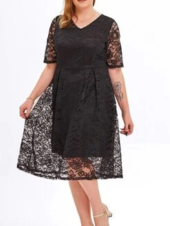 Women‘s Plus Size Curve Party Dress Lace Dress Cocktail Dress Midi Dress Black Pink Wine Half Sleeve Pure Color Lace Summer Spring Fall V Neck Fashion Birthday Wedding Guest Vacation 2023 -HAYz Clothing Shop prwgnz1691564491582