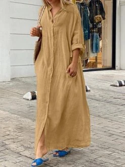 Women's Casual Dress Cotton Linen Dress Black Dress Maxi Long Dress Linen / Cotton Blend Fashion Daily Outdoor Daily Vacation Stand Collar Button Pocket Long Sleeve Fall Autumn 2023 Loose Fit Black -HAYz Clothing Shop prxaxt1692947493067