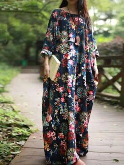 Women's Casual Dress Cotton Linen Dress Loose Dress Maxi Long Dress Linen / Cotton Blend Daily Stylish Outdoor Daily Vacation Crew Neck Print Long Sleeve Spring Fall Winter 2023 Loose Fit Wine Red