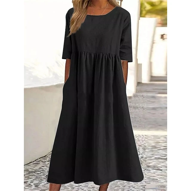 Women's Casual Dress Cotton Dress Swing Dress Midi Dress Cotton Basic Casual Outdoor Daily Crew Neck Pocket Smocked Half Sleeve Summer Spring Fall 2023 Loose Fit Light Blue Black White Pure Color S M 5 Women's Casual Dress Cotton Dress Swing Dress Midi Dress Cotton Basic Casual Outdoor Daily Crew Neck Pocket Smocked Half Sleeve Summer Spring Fall 2023 Loose Fit Light Blue Black White Pure Color S M - Image 5