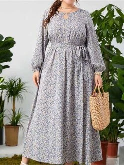 Women's Plus Size Curve Work Dress Swing Dress Semi Formal Dress Fashion Midi Dress Lace Up Hollow Out Crew Neck Long Sleeve Floral Loose Fit Blue Fall Winter L XL XXL 3XL 4XL -HAYz Clothing Shop psrmpx1693300605025