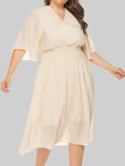 Women‘s Plus Size Curve Party Dress Wedding Guest Dress Swing Dress Midi Dress Black Beige Half Sleeve Pure Color Pleated Summer Spring Fall V Neck Party Birthday Wedding Guest Vacation 2023 -HAYz Clothing Shop psrrin1691399371241