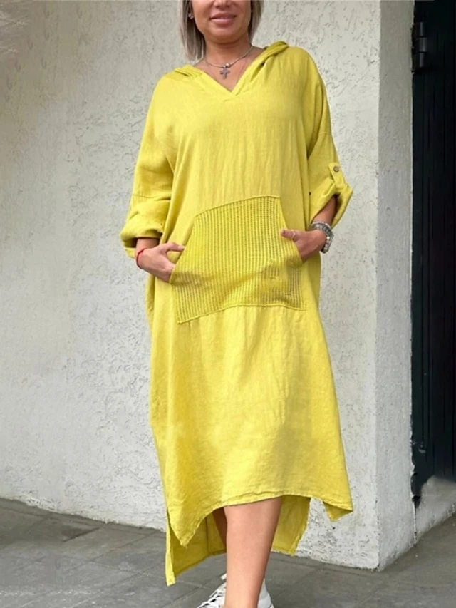 Women's Casual Dress Cotton Dress Shift Dress Midi Dress Cotton Daily Classic Outdoor Daily Vacation Hooded Pocket Basic Long Sleeve Spring Fall Winter 2023 Loose Fit Yellow Purple Green Plain S M L 4 Women's Casual Dress Cotton Dress Shift Dress Midi Dress Cotton Daily Classic Outdoor Daily Vacation Hooded Pocket Basic Long Sleeve Spring Fall Winter 2023 Loose Fit Yellow Purple Green Plain S M L - Image 4