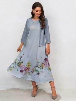 Women's Two Piece Dress Set Casual Dress Swing Dress Outdoor Office Fashion Streetwear Print Midi Dress Crew Neck 3/4 Length Sleeve Floral Regular Fit Pink Green Gray Fall Winter S M L XL XXL -HAYz Clothing Shop psvlaz1697770546488