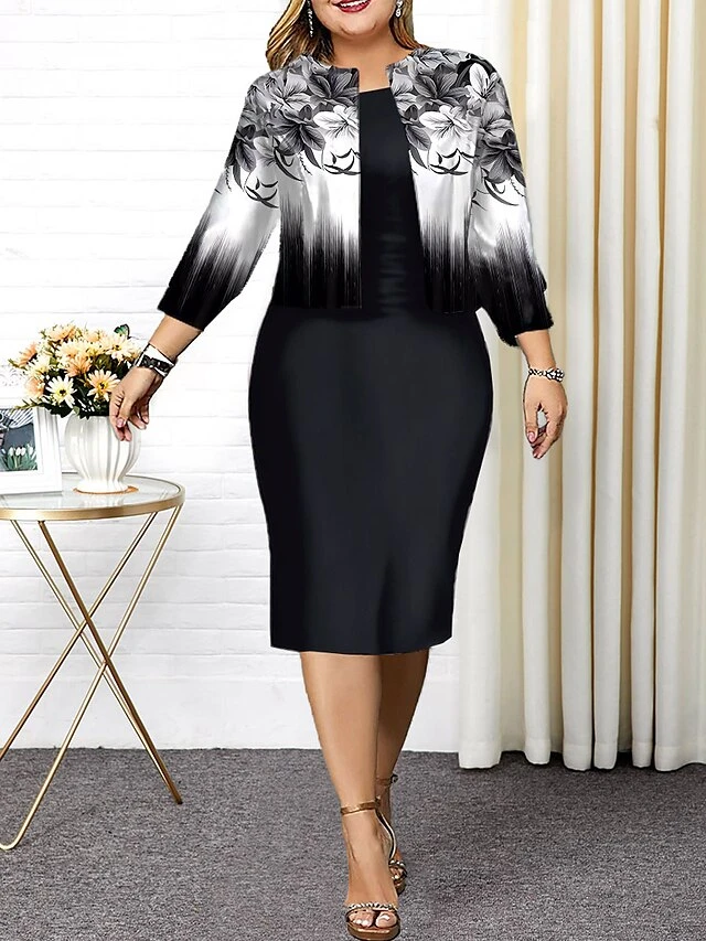 Women's Plus Size Curve Casual Dress Dress Set Two Piece Dress Floral Gradient Midi Dress Long Sleeve Print Crew Neck Fashion Outdoor Black Red Fall Winter L XL XXL 3XL 4XL 1 Women's Plus Size Curve Casual Dress Dress Set Two Piece Dress Floral Gradient Midi Dress Long Sleeve Print Crew Neck Fashion Outdoor Black Red Fall Winter L XL XXL 3XL 4XL