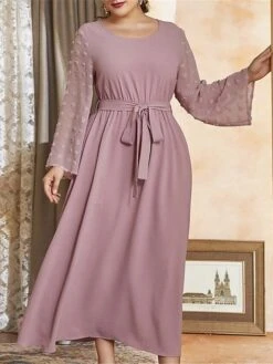 Women's Plus Size Work Dress Swing Dress Semi Formal Dress Fashion Long Dress Maxi Dress Lace Up Crew Neck Long Sleeve Plain Regular Fit Purple Fall Winter L XL XXL 3XL 4XL -HAYz Clothing Shop pszwzq1693300525973