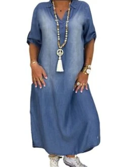 Women‘s Plus Size Curve Casual Dress Shirt Dress Shift Dress Solid Color Long Dress Maxi Dress 3/4 Length Sleeve Button Pocket Shirt Collar Basic Daily Blue Fall Spring L XL XXL 3XL -HAYz Clothing Shop ptfqwq1676548774249