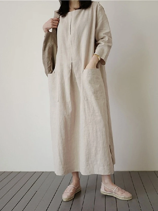 Women's Casual Dress Cotton Linen Dress Maxi Long Dress Linen / Cotton Blend Basic Classic Outdoor Daily Vacation Crew Neck Pocket Split 3/4 Length Sleeve Spring Fall Autumn 2023 Loose Fit Red Apricot 14 Women's Casual Dress Cotton Linen Dress Maxi Long Dress Linen / Cotton Blend Basic Classic Outdoor Daily Vacation Crew Neck Pocket Split 3/4 Length Sleeve Spring Fall Autumn 2023 Loose Fit Red Apricot - Image 14