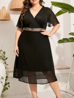 Women‘s Plus Size Curve Party Dress Cocktail Dress Wedding Guest Dress Black Dress Midi Dress Short Sleeve Pure Color Layered Summer Spring Fall V Neck Fashion Birthday Wedding Guest Vacation 2023 -HAYz Clothing Shop ptmpsr1691464157310