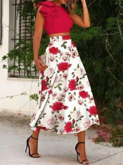 Women's Dress Set Two Piece Dress Skirt Set Midi Dress Pink Blue Sleeveless Floral Ruffle Summer Spring Crew Neck Elegant 2023 S M L XL