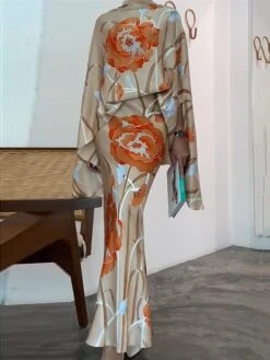 Women's Two Piece Dress Set Casual Dress Skirt Set Outdoor Date Fashion Streetwear Print Long Dress Maxi Dress Stand Collar Long Sleeve Floral Regular Fit Beige Fall S M L XL XXL