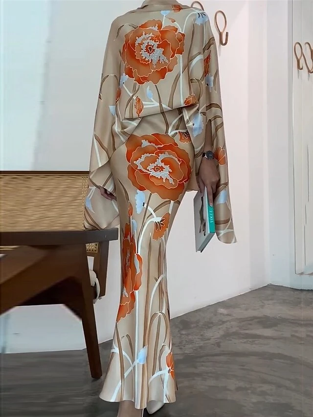 Women's Two Piece Dress Set Casual Dress Skirt Set Outdoor Date Fashion Streetwear Print Long Dress Maxi Dress Stand Collar Long Sleeve Floral Regular Fit Beige Fall S M L XL XXL 1 Women's Two Piece Dress Set Casual Dress Skirt Set Outdoor Date Fashion Streetwear Print Long Dress Maxi Dress Stand Collar Long Sleeve Floral Regular Fit Beige Fall S M L XL XXL