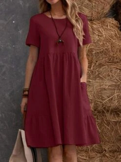 Women's Casual Dress Cotton Linen Dress Maxi Long Dress Linen / Cotton Blend Fashion Street Style Daily Date Weekend Crew Neck Ruffle Pocket Short Sleeve Summer 2023 Regular Fit Claret Black Yellow -HAYz Clothing Shop pukqdn1687233821022