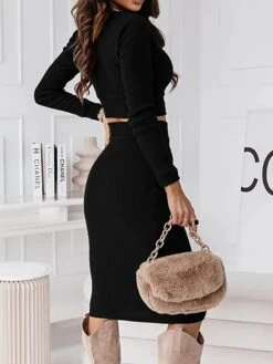 Women's Two Piece Dress Set Casual Dress Skirt Set Outdoor Daily Fashion Sexy Ribbed Midi Dress Crew Neck Long Sleeve Plain Regular Fit Black Wine Green Fall Winter S M L XL -HAYz Clothing Shop puotfm1695268226748