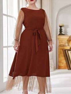 Women's Plus Size Prom Dress Party Dress Wedding Guest Dress Long Dress Maxi Dress Black Brown Long Sleeve Pure Color Lace Up Fall Winter Autumn Crew Neck Fashion Winter Dress Evening Party Wedding -HAYz Clothing Shop puvztd1693535309117