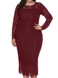 Women‘s Plus Size Curve Party Dress Solid Color Crew Neck Lace Long Sleeve Fall Spring Prom Dress Maxi Long Dress Party Vacation Dress Cotton -HAYz Clothing Shop puwsfn1660209285756