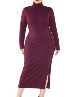 Women's Plus Size Curve Casual Dress Sweater Dress Sheath Dress Plain Midi Dress Long Sleeve Button Split Stand Collar Fashion Daily Black Wine Fall Winter XL XXL 3XL 4XL 5XL