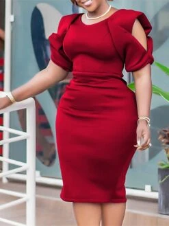 Women‘s Plus Size Curve Party Dress Solid Color V Neck Short Sleeve Spring Fall Work Formal Midi Dress Party Date Dress -HAYz Clothing Shop pvbbxd1661334433891