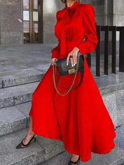 Women's Sheath Dress Maxi Long Dress Yellow Black Red Long Sleeve Ruched Bow Summer Round Neck Hot Casual Slim 2021 S M L XL -HAYz Clothing Shop pvcjmy1596095190186