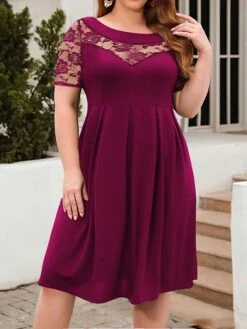 Women's Plus Size Curve Party Dress Lace Dress Semi Formal Dress Solid Color Midi Dress Short Sleeve Lace Crew Neck Fashion Party ArmyGreen Black Fall Winter XL XXL 3XL 4XL -HAYz Clothing Shop pvhzcu1695813615919