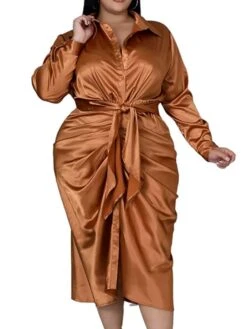 Women‘s Plus Size Curve Flattering Dresses Elegant Apple Shaped Dress Wedding Guest Work Dress Pure Color Shirt Collar Long Sleeve Fall Winter Work Midi Dress Going Out Work Dress Shirt Dress -HAYz Clothing Shop pvkdbz1663665117879