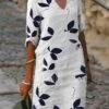 Women's Casual Dress Cotton Linen Dress Shift Dress Midi Dress Cotton Blend Fashion Modern Outdoor Daily Vacation V Neck Print Half Sleeve Summer Spring 2023 Regular Fit White Purple Brown Leaf S M L