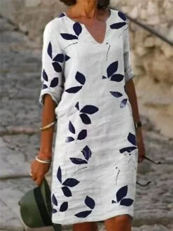 Women's Casual Dress Cotton Linen Dress Shift Dress Midi Dress Cotton Blend Fashion Modern Outdoor Daily Vacation V Neck Print Half Sleeve Summer Spring 2023 Regular Fit White Purple Brown Leaf S M L