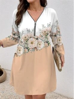 Women's Plus Size Curve Casual Dress Winter Dress Floral Gradient Mini Dress Long Sleeve Print V Neck Fashion Outdoor Yellow Pink Fall Winter L XL 2XL 3XL 4XL -HAYz Clothing Shop pvkjki1697781489811