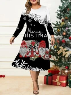 Women's Christmas Plus Size Curve Casual Dress Skater Dress A Line Dress Santa Claus Gradient Midi Dress Long Sleeve Print Crew Neck Fashion Outdoor Black White Fall Winter L XL XXL 3XL 4XL -HAYz Clothing Shop pvuszc1695264754688
