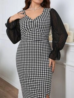 Women‘s Plus Size Curve Party Dress Cocktail Dress Bodycon Midi Dress Black Long Sleeve Print Mesh Spring Fall Winter V Neck Fashion Winter Dress Birthday Wedding Guest 2023 XL XXL 3XL 4XL -HAYz Clothing Shop pvvkfk1692165913001