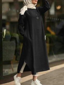 Women's Casual Dress Cotton Linen Dress Abaya Maxi Long Dress Linen / Cotton Blend Classic Casual Outdoor Daily Vacation Crew Neck Pocket Split Long Sleeve Spring Fall Winter 2023 Loose Fit ArmyGreen -HAYz Clothing Shop pwdczu1692340971055