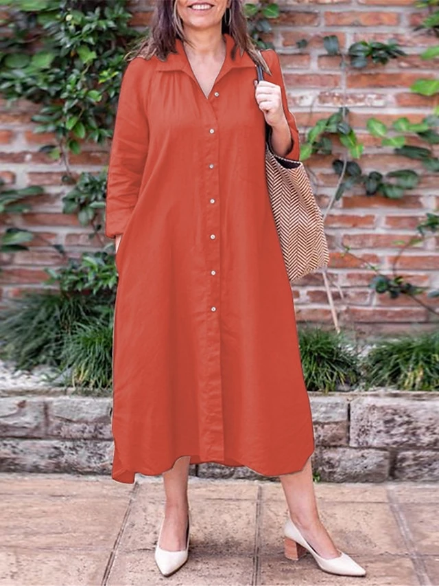 Women's Shirt Dress Casual Dress Cotton Linen Dress Midi Dress Linen / Cotton Blend Basic Classic Outdoor Daily Vacation Shirt Collar Button Pocket Long Sleeve Spring Fall Autumn 2023 Loose Fit Black 4 Women's Shirt Dress Casual Dress Cotton Linen Dress Midi Dress Linen / Cotton Blend Basic Classic Outdoor Daily Vacation Shirt Collar Button Pocket Long Sleeve Spring Fall Autumn 2023 Loose Fit Black - Image 4