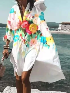 Women's Shirt Dress Casual Dress Swing Dress Maxi Long Dress Outdoor Winter Dress Daily Polyester Vacation Casual Shirt Collar High Low Dress Print Long Sleeve Spring Fall Winter 2023 Loose Fit White -HAYz Clothing Shop pwrulb1659593524318