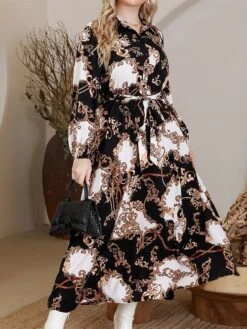Women's Plus Size Curve Work Dress Swing Dress Semi Formal Dress Fashion Midi Dress Lace Up Button Shirt Collar Long Sleeve Floral Loose Fit Black Fall Winter L XL XXL 3XL 4XL -HAYz Clothing Shop pwutci1693300626454