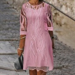 Women's Plus Size Curve Casual Dress Shift Dress Solid Color Round Neck Lace 3/4 Length Sleeve Fall Spring Dress Work Casual Daily Midi Dress -HAYz Clothing Shop pwvavx1647491218826