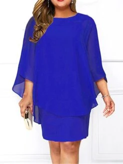 Women's Plus Size Curve Black Work Dress Shift Dress Chiffon Dress Solid Color Midi Dress 3/4 Length Sleeve Fake Two Piece Crew Neck Basic Office -HAYz Clothing Shop pxbjtm1673503728869