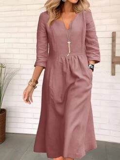 Women's Casual Dress Cotton Linen Dress Midi Dress Linen / Cotton Blend Classic Casual Outdoor Daily Vacation Split Neck Pocket 3/4 Length Sleeve Summer Spring Fall 2023 Regular Fit Yellow Pink Red -HAYz Clothing Shop pxljvu1690365936462