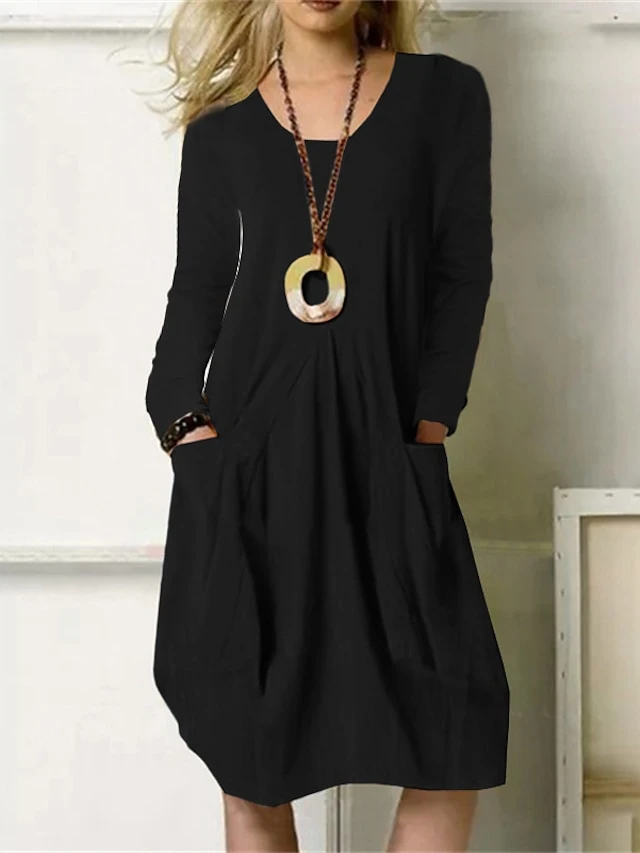 Women's Casual Dress Cotton Linen Dress Midi Dress Cotton Blend Stylish Basic Outdoor Winter Dress Daily Round Neck Ruched Pocket Long Sleeve Summer Spring Fall 2023 Regular Fit Black Orange Green 2 Women's Casual Dress Cotton Linen Dress Midi Dress Cotton Blend Stylish Basic Outdoor Winter Dress Daily Round Neck Ruched Pocket Long Sleeve Summer Spring Fall 2023 Regular Fit Black Orange Green - Image 2