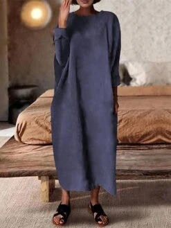 Women's Casual Dress Linen Dress Midi Dress Linen Classic Casual Outdoor Daily Vacation Crew Neck Ruched Long Sleeve Spring Fall Winter 2023 Loose Fit ArmyGreen Pink Blue Plain S M L XL 2XL -HAYz Clothing Shop pxyoal1692695193608