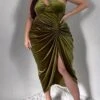 Women's Plus Size Curve Party Dress Velvet Dress Sheath Dress Plain Midi Dress Sleeveless Ruched Backless One Shoulder Fashion Party ArmyGreen Fall Winter L XL XXL 3XL 4XL