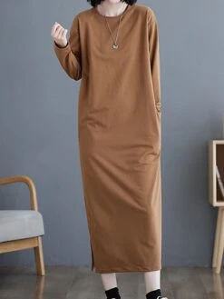 Women's Casual Dress Cotton Linen Dress T Shirt Dress Tee Dress Midi Dress Polyester Basic Classic Outdoor Daily Vacation Crew Neck Pocket 3/4 Length Sleeve Fall Autumn 2023 Loose Fit ArmyGreen Black -HAYz Clothing Shop pycior1693366312191