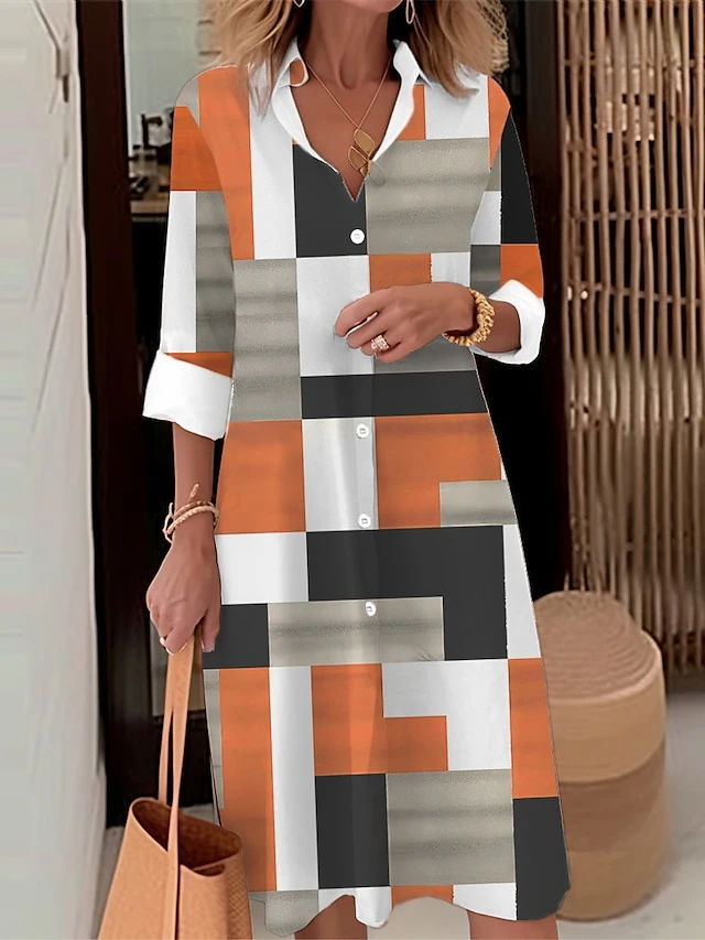Women's Shirt Dress Casual Dress Midi Dress Outdoor Daily Date Polyester Fashion Modern Shirt Collar Button Pocket Long Sleeve Fall Winter 2023 Loose Fit Blue Orange Khaki Geometric Plaid S M L XL 2XL 3 Women's Shirt Dress Casual Dress Midi Dress Outdoor Daily Date Polyester Fashion Modern Shirt Collar Button Pocket Long Sleeve Fall Winter 2023 Loose Fit Blue Orange Khaki Geometric Plaid S M L XL 2XL - Image 3