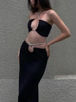 Women's Two Piece Dress Set Casual Dress Slip Dress Daily Holiday Sexy Casual Backless Hollow Out Long Dress Maxi Dress Halter Neck Sleeveless Plain Slim Black Summer S M L