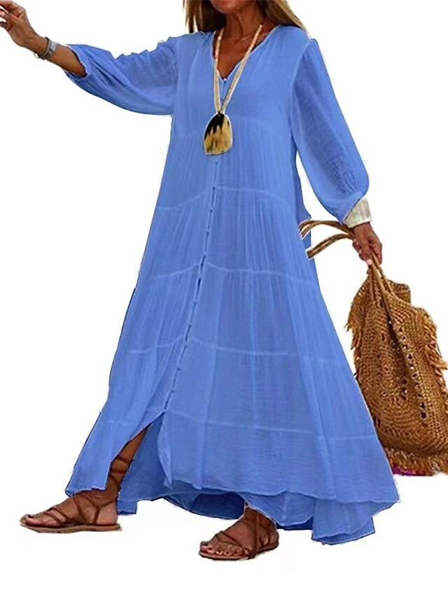 Women's Long Dress Maxi Dress Casual Dress Shift Dress Swing Dress Pure Color Basic Casual Outdoor Daily Weekend Button Long Sleeve V Neck Dress Loose Fit White Yellow Blue Fall Spring S M L XL 4 Women's Long Dress Maxi Dress Casual Dress Shift Dress Swing Dress Pure Color Basic Casual Outdoor Daily Weekend Button Long Sleeve V Neck Dress Loose Fit White Yellow Blue Fall Spring S M L XL - Image 4