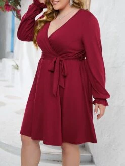 Women's Plus Size Curve Casual Dress Sheath Dress Black Dress Plain Midi Dress Long Sleeve Lace Up Ruched V Neck Fashion Outdoor Black Red Fall Winter XL XXL 3XL 4XL 5XL -HAYz Clothing Shop pywbzc1695095469202